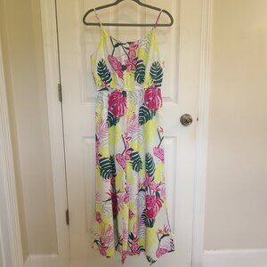 NICOLE MILLER Linen Blend Tropical Palm Leaf Jumpsuit Wide Leg Cropped Medium